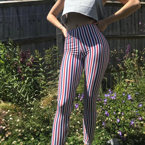 American Apparel red/blue stripe leggings - Picture 3 of 6